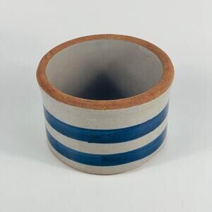 Vintage Rustic Butter Crock Blue Striped Small Stoneware Container